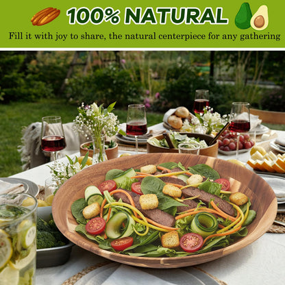 Geiserailie Extra Large 18 Inch Acacia Wood Salad Bowl Set Wooden Serving Bowl with Serving Utensils for Fruits, Pasta, Salad Farmhouse Kitchen for Housewarming Wedding Restaurants Table Display Gift