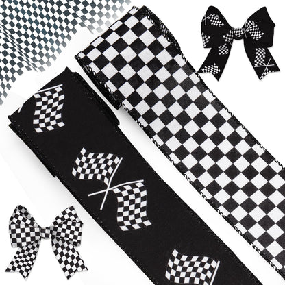 2 Rolls Black and White Checkered Flag Ribbon – Racing Flag Wired Ribbon for Wreath Bow Gift Wrapping Crafts Decoration 2.5 Inch × 10 Yards Black White Checkered Ribbons for Race Theme Party Supplies