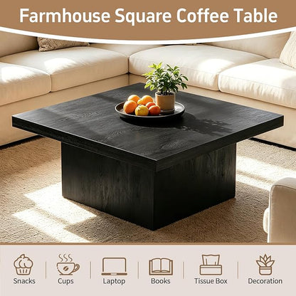 Square Coffee Table,Wooden Living Room Table,Center Table with a Large Tabletop,35.4" x 35.4",for Small Spaces, Apartments, Living Rooms, Black
