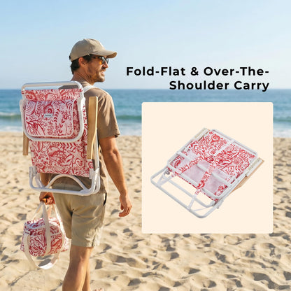 DEER LAND 5-Position Low Beach Chair, Portable Lightweight Folding Beach Chair with Wooden Armrests, Storage Pouch & Carry Strap, Coastal Beach Print – Reef Crimson
