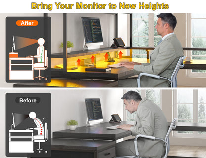 EnHomee104''Gaming Desk with Hutch and Drawers, Reversible L Shaped Desk with Power Outlet & Monitor Stand & LED Lights, Computer Corner Desk, Two Person Desk of 3 monitors for Living,Gaming,Black