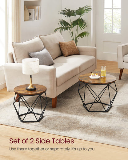 VASAGLE Small Coffee Table Set of 2, Round Coffee Table with Steel Frame, Side End Table for Living Room, Bedroom, Office, Rustic Brown and Ink Black