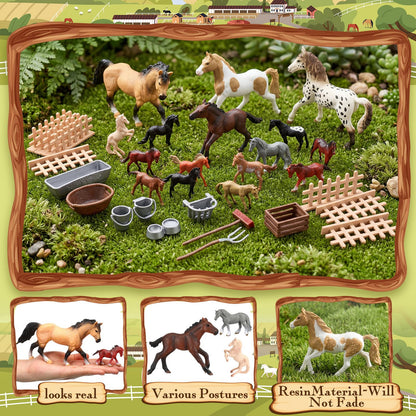 Gerrii 33 Pcs Realistic Horse Figurines Set, 16 Horses Breeds with Wooden Fences Farm Accessories for Tabletop Display Cake Topper Horse Lover Collector Birthday Gift