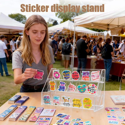 TrendTrust Acrylic Sticker Display Stand with Divided Pockets, Portable Bookmark Holder Tiered Display Stand, Clear Desk Organizer for Home, Retail or Craft Fair Use(15 Pockets, 3 Tier)