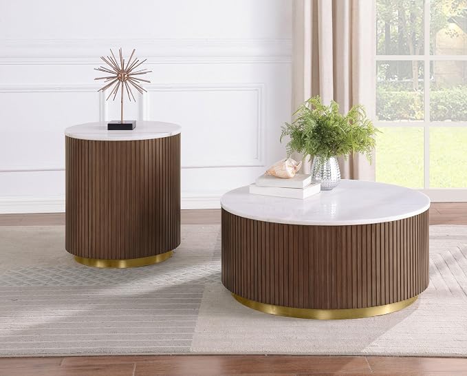 Coaster Home Furnishings - Jason - Wood and Metal - 2-Piece Coffee Table Set with Marble Tops, Reeded Drum Bases, and Gold Ring Accents - Living Room - Honey Brown and White Marble - 712418-S2