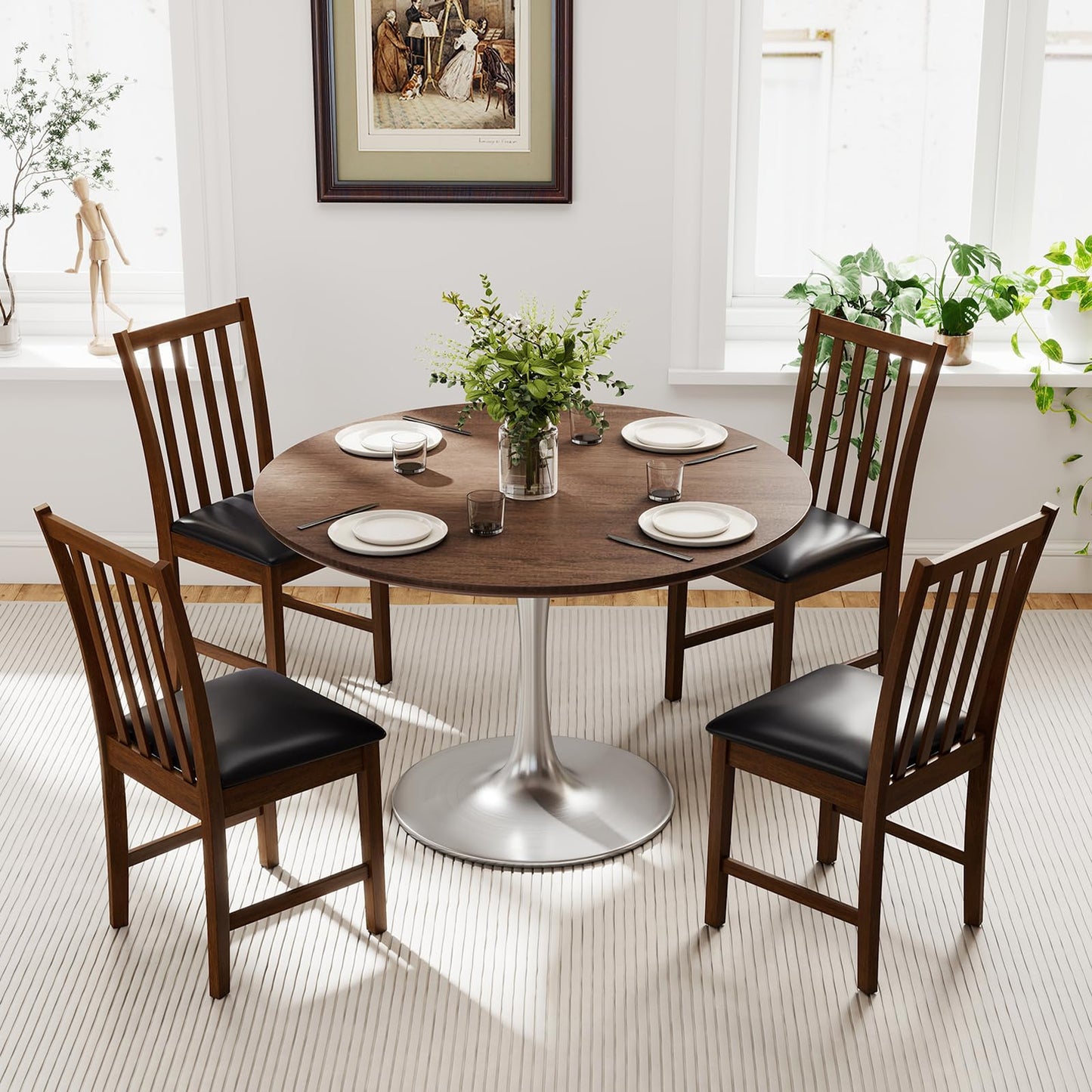Giantex Wooden Dining Chairs Set of 2, Faux Leather Upholstered Kitchen Chair w/Rubber Wood Legs, Curved Back, Padded Seat, Mid Century Modern Armless Accent Side Chairs for Living Room, Brown