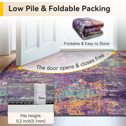 RELEANY Washable Area Rugs 5'x7' Non-Slip Modern Abstract Soft for Living Room Entryway Bedroom Kitchen, Print Pattern, Purple Orange Blue Green Rust Red Colorful