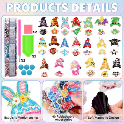 DoubleFill 42 Pcs Summer Diamond Kits 4th of July Interchangeable Wooden Table Decorations DIY Summer Holiday Party Seasonal Tiered Tray Art Decor Diamond Painting Magnets(Gnome)