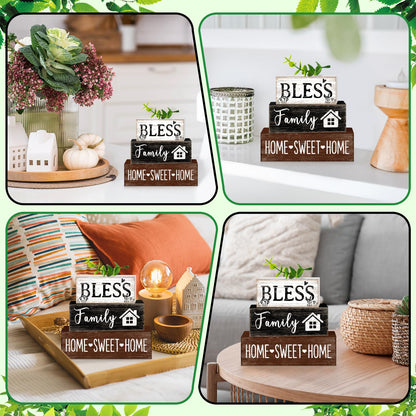 TOMPOP 4 Pcs Sweet Home Wooden Table Decor Eucalyptus Leaves Tabletop Sign Farmhouse Tiered Tray Decorations Family Wood Block Stack Sign Gift for Home Fireplace Mantel (Leaf)