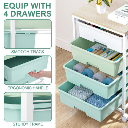 SYKIARIOL Utility Cart with 4 Drawers,Rolling Storage Cart with Drawers,Storage Rolling Drawer Cart with Wooden Tabletop for Bedroom,Kid's Room,Dorm,Classroom,Office,Green