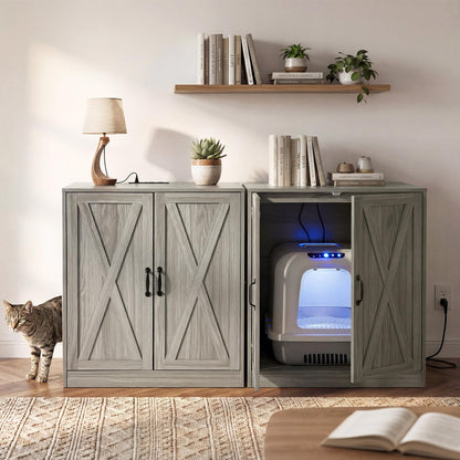 YITAHOME Large Hidden Litter Box Furniture with Power Outlets, Wooden Cat Litter Box Enclosure for Self-Cleaning Litter Boxes, Indoor Wooden Storage Cat Cabinet, Wash Grey