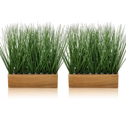 Luinabio 2 Pack 12 Inch Artificial Grass Plants in Acacia Solid Wood Planter Box Decorative Wooden Container with Faux Greenery Plant for Indoor Home Table Rustic Decor