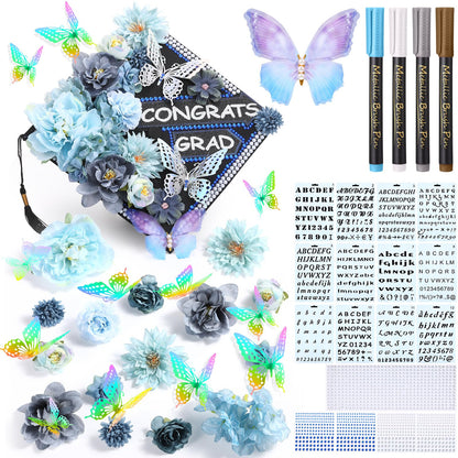 Lyrow 51 Pcs DIY Graduation Cap Decorations Kits Included Grad Cap Pens Faux Flowers Letter Number Stencils Rhinestones Stickers 3D Butterflies for Grad Hat Topper Decors Craft Art DIY(Dark Blue)