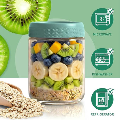 Overnight Oats Containers with Lids, Glass Storage Containers with Lids, Wide Mouth Mason Jars 16oz, Sugar Bowls, Airtight Glass jars for Chia Pudding, Yogurt, Salad Storage (6 Pack, Green)