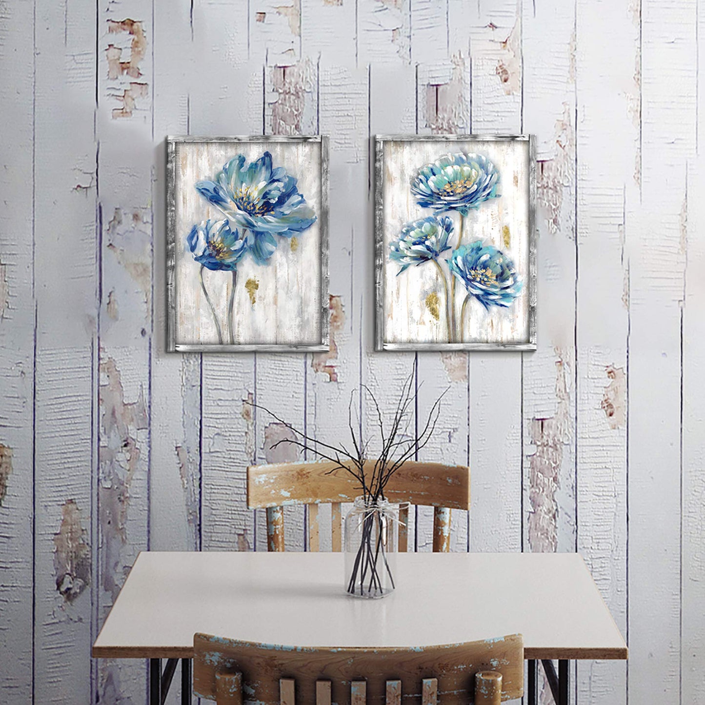 Blue Flower Wooden Artwork Framed: Bloom Wall Art Floral Painting Print for Dining Room (11''W x 16''H x 2 PCS, Multiple Sizes/Material)