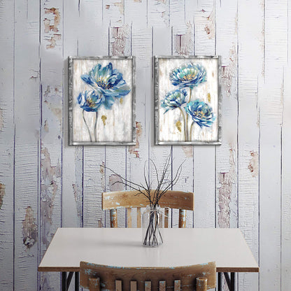 Blue Flower Wooden Artwork Framed: Bloom Wall Art Floral Painting Print for Dining Room (11''W x 16''H x 2 PCS, Multiple Sizes/Material)