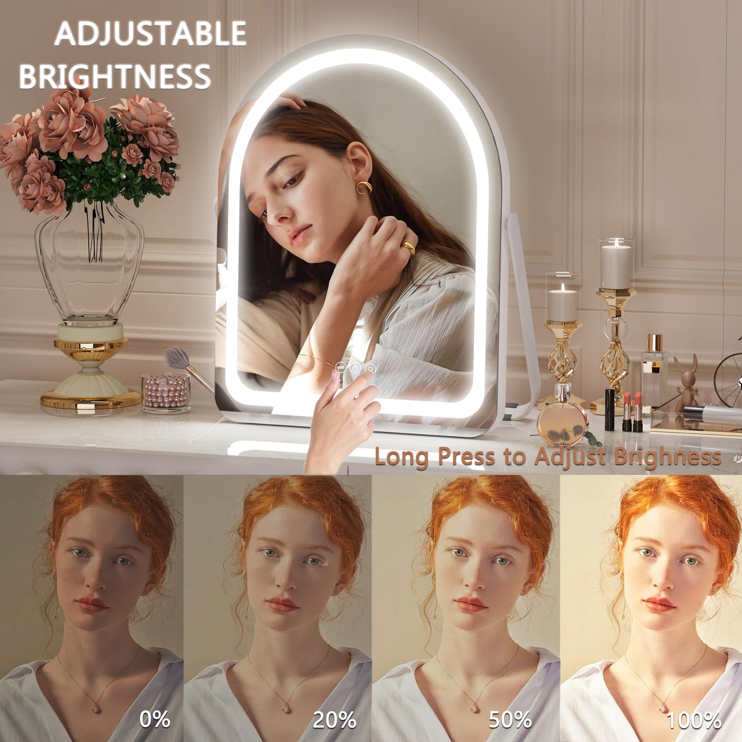 Hasipu Vanity Mirror with Lights, 11"× 14" Arched LED Makeup Mirror, Lighted Makeup Mirror with Lights, Smart Touch Control Dimmable 3 Modes Light 360°Rotation White