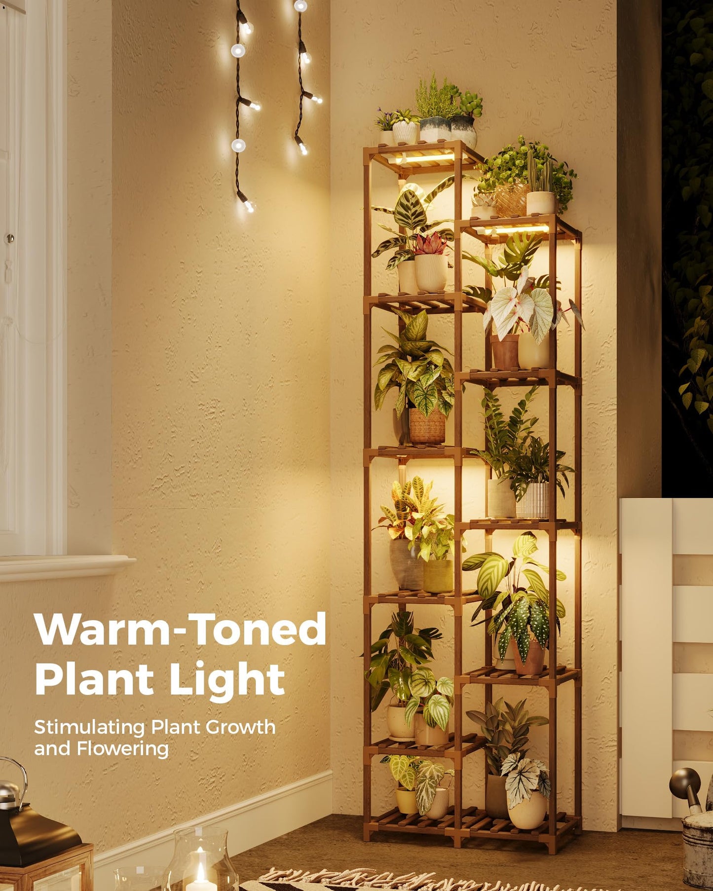 Bamworld Plant Stand with Grow Lights Indoor Outdoor 11 Tier Tall Large Wood Plant Shelf Multi Tier Flower Stands Garden Shelves Wooden Plant Display Holder Rack for Living Room Corner