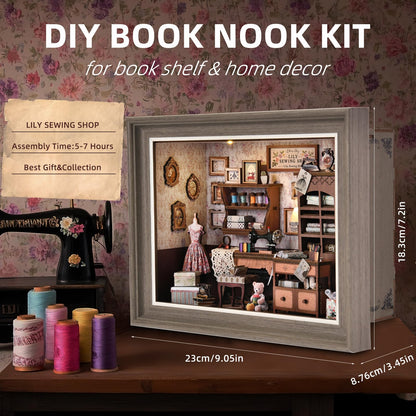 Book Nook Kit - 3D Wooden Puzzle with LED Switch Control & Wall-Mountable Frame，DIY Miniature House for Beginners，Bookshelf/Tabletop/Wall Decor for Craft Lovers，Dollhouse Gift (Lily Sewing Shop)