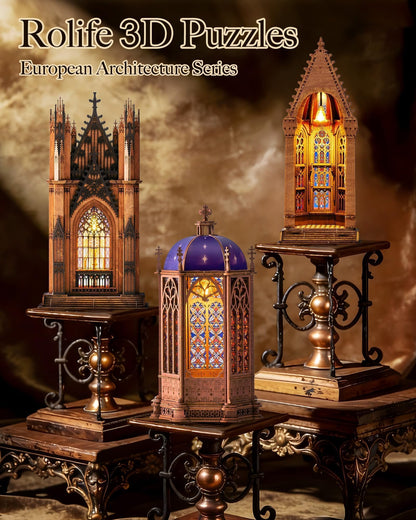Rolife 3D Wooden Puzzle - Gothic Twin-Tower Cathedral Architecture Model with LED Lights, DIY Craft Building Kit for Adults, Unique Home Decor & Birthday for Hobbyists