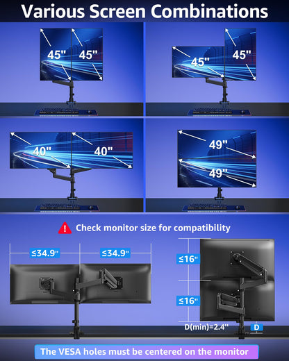 MOUNTUP Dual Monitor Stand Fits 49 45 42 40 39 34 32 Inch Screens, Heavy Duty Dual Monitor Arm Holds 7.7-44 lbs, Vertical Stacked Monitors Mount, Full Motion, Height Adjustable, VESA Mount