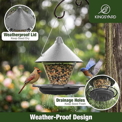 Kingsyard Wild Bird Feeder for Outdoors Hanging, No-Waste Tray with Seed Guard & Circular Perch, Garden Yard for Cardinal Finch, 4 lb Large Capacity, Grey