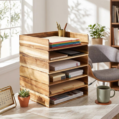 Novabright 6 Pcs Stackable Paper Organizer Tray Acacia Wood Desk Organizer Letter Tray Desktop Letter Size Office Wooden Desk Shelf Paper Holder Folder Organization Rack for File Document (Acacia)