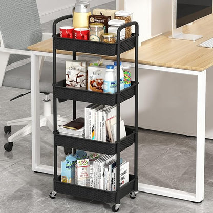 MOYIPIN 4-Tier Plastic Rolling Utility Cart with Handle, Utility Storage Cart for Office, Living Room, Kitchen, Movable Storage Organizer Shelves, Black