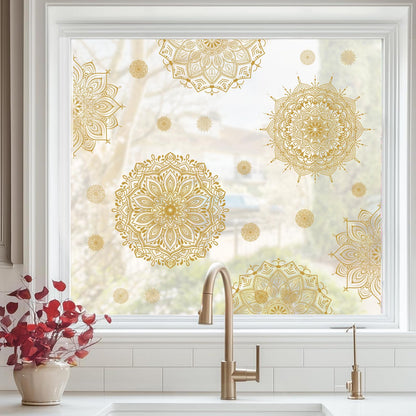Kazova Gold Mandala Window Clings 22 Pcs 4 Sheets Double Sided Lotus Flower Window Stickers Vinyl Cling Non Adhesive Reusable Window Decals for Glass