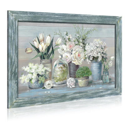 Abstract Bouquet Wooden Framed Artwork: Botanical Flowers in Vase Wall Art Print Painting Modern Floral Nature Plant Picture for Living Room Bedroom Farmhouse