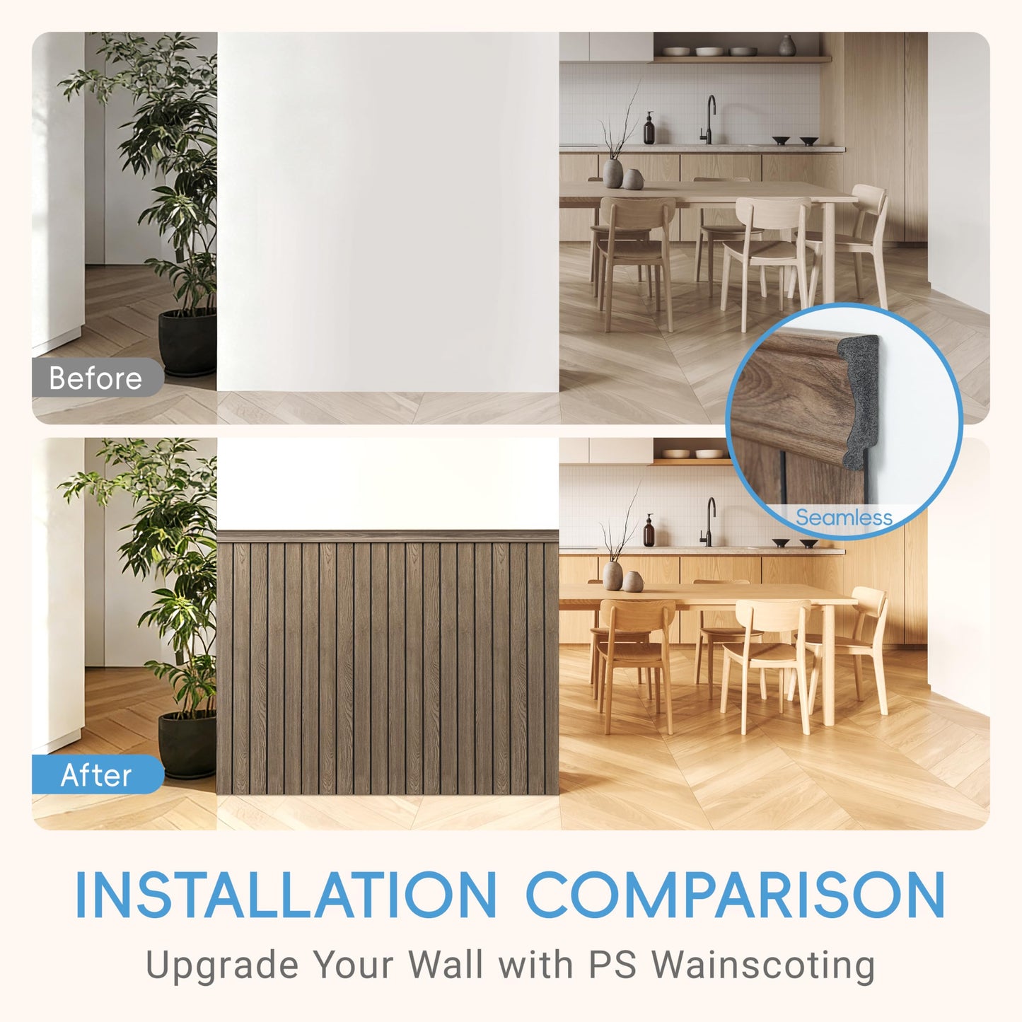 janasse PS Wainscoting Wall Panel Kit, 8PCS 38.7” x 9.65” Decorative Wall Panels, Paintable Waterproof PS Panels for Living Room, Dining Room & Hallway – Easy DIY, Covers 20.7 Sq.Ft(Dark Wood)