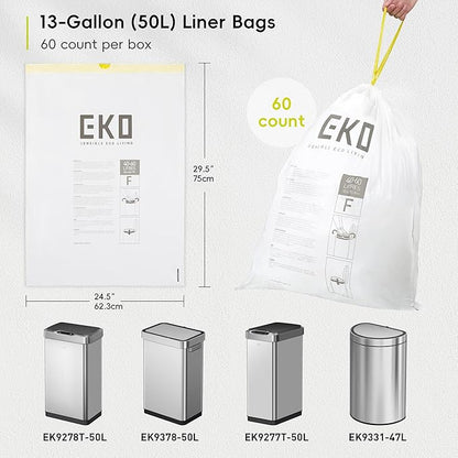 EKO 13 Gallon / 40-60 Liter, Extra-Strong Unscented Garbage Bags, Easy-Dispense