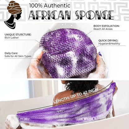 African Net Sponge Authentic - 2 Pieces Exfoliating Body Scrubber Bath Sponge - Back Scrubber Washcloth for Shower White&Purple - Real African Scrub Exfoliator Body Care Bathing Accessorie