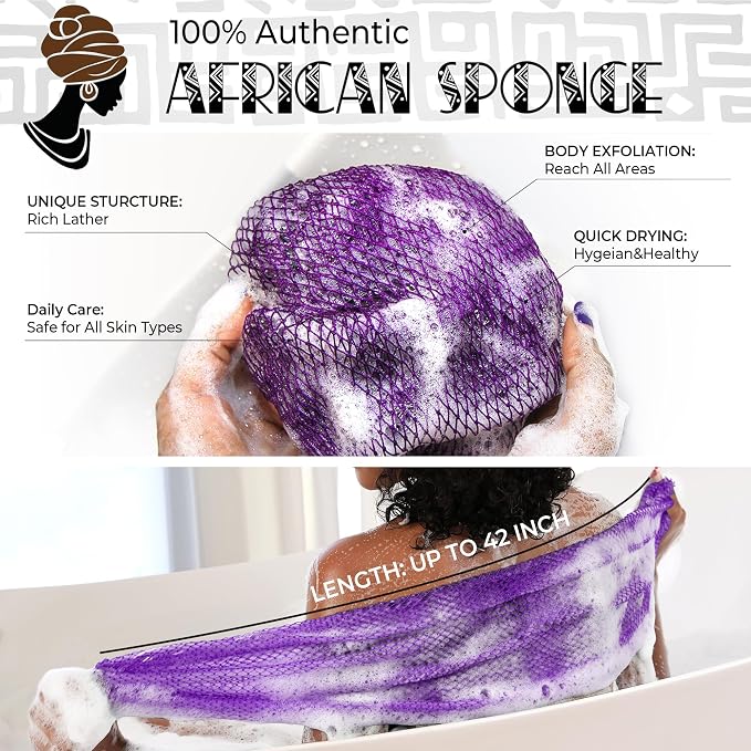 African Net Sponge Authentic - 2 Pieces Exfoliating Body Scrubber Bath Sponge - Loofah Washcloth Back Scrub for Shower Body Exfoliator - Face & Skin Care Bathroom Essentials for Women