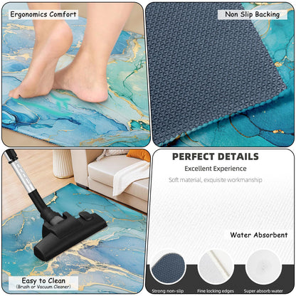 Teal Kitchen Rugs Sets of 2 Non Slip Blue Gold Turquoise Marble Kitchen Mats for Floor with Rubber Backing Washable Kitchen Runner Rug Carpet 17"x47"+17"x30" for Hallway Laundry