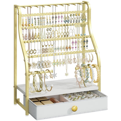 SWTYMIKI Earring Holder Organizer - Jewelry Organizer Stand with Necklace Hooks, Watch Rods, Nonwoven Drawer, Large Capacity Jewelry Display for Stud Earring Bracelet Necklace Ring, Gold