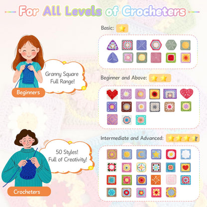 Coopay Crochet Kit for Beginners, Granny Square Crochet Kit with 2 Crochets Book & Video Card, Crochets Starter Kit for Adults Learn to Knitting, Granny Square Card Deck - 50 Mix & Match Designs