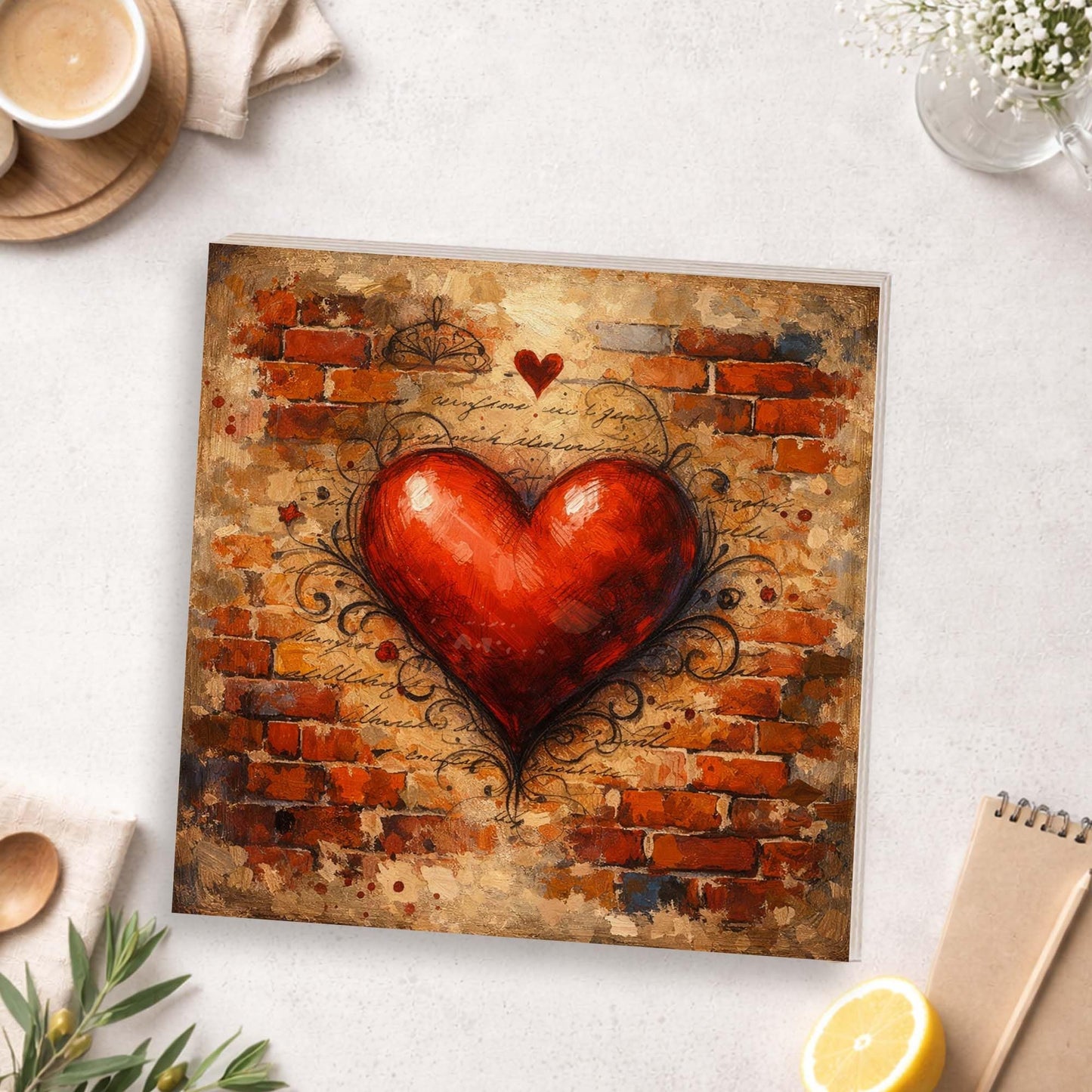 Heart Wooden Block Sign, Romantic Urban Art Wood Decor, Love Inspired Shelf Sitter Home Table Mantel Tiered Tray Accent, Meaningful Gift for Couple