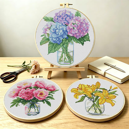 3 Pack Cross Stitch Kits for Beginners, Flower Stamped Cross Stitch Kits for Adults with Embroidery Hoop, Embroidery Kit 11CT Easy Partial Cross-Stitch Arts and DIY Crafts for Adults Home Decor