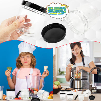 Conagel 30 Pack 12oz Clear Plastic Jars with Black Lids Plastic Empty Storage Containers Refillable Round Clear Cosmetics Containers for Candy Kitchen Food Storage DIY Crafts Making