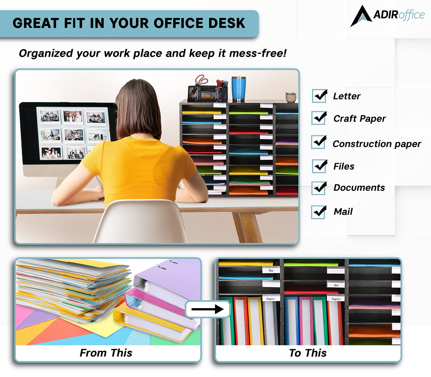 AdirOffice Classroom Mailbox - Wooden Literature Organizer , Construction Paper Storage Organizer , Mail Sorter with Slots , Office Mailboxes With Removable Shelf (27 Slot , Black)