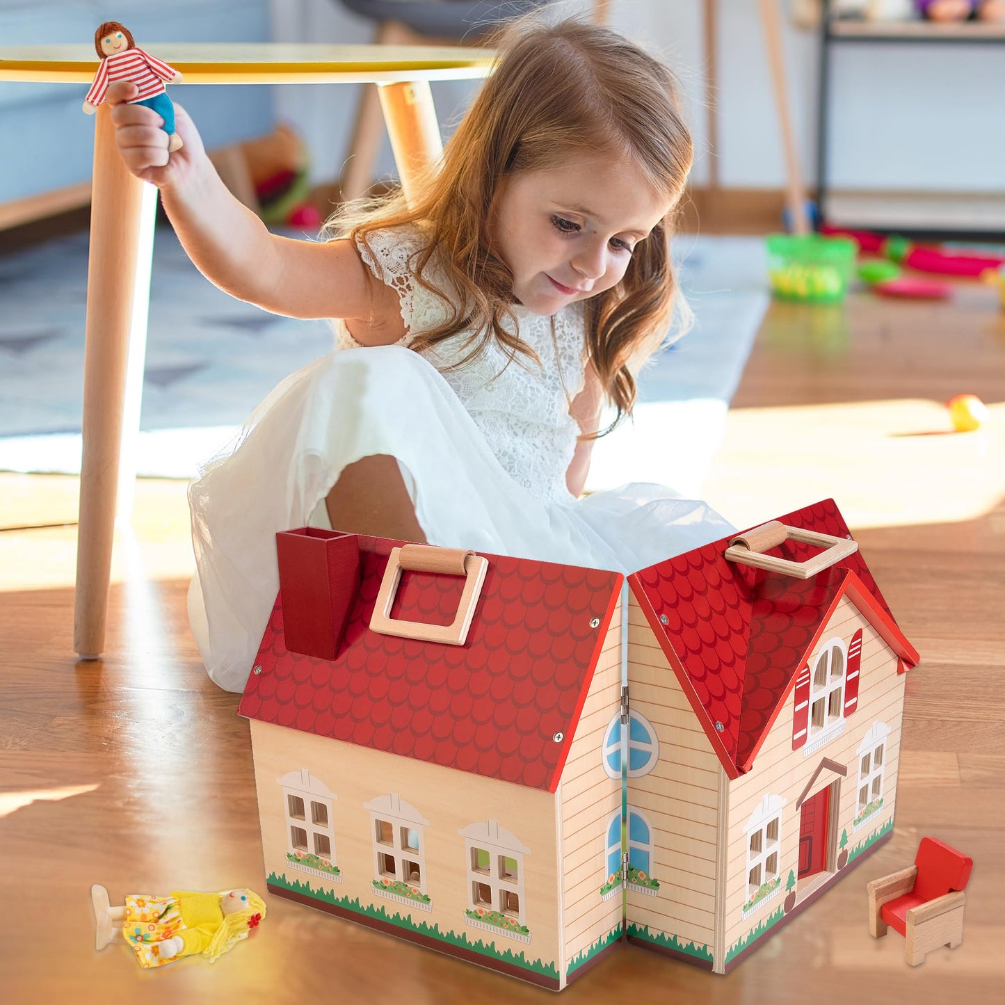 Foldable Wooden Dollhouse with 13PCS Furniture, 4 Rooms and 2 Flexible Dolls, Pretend Play Doll House Set with Portable Handle, Christmas Birthday Gift for Boys Girls Age 3+, Cottages