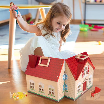 Foldable Wooden Dollhouse with 13PCS Furniture, 4 Rooms and 2 Flexible Dolls, Pretend Play Doll House Set with Portable Handle, Christmas Birthday Gift for Boys Girls Age 3+, Cottages