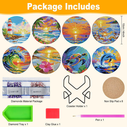 8 Pcs Beach Diamond Art Coasters Kit with Holder for Adults, DIY Diamond Painting Coasters with Cork Backing, Non-Slip Ocean Gem Art Coaster for Home Decor & Gifts
