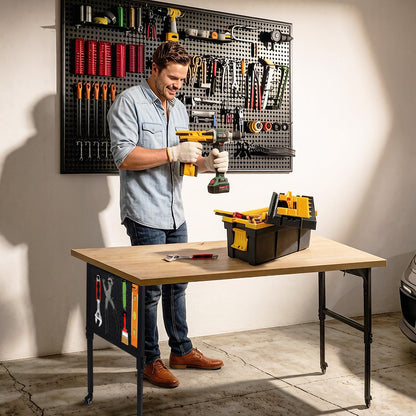 Adjustable Height Workbench Legs with 4 Metal Wheels, Sturdy Industrial Furniture Table Legs with one Pegboard Panel, Perfect for Rolling Work Table and Work Bench