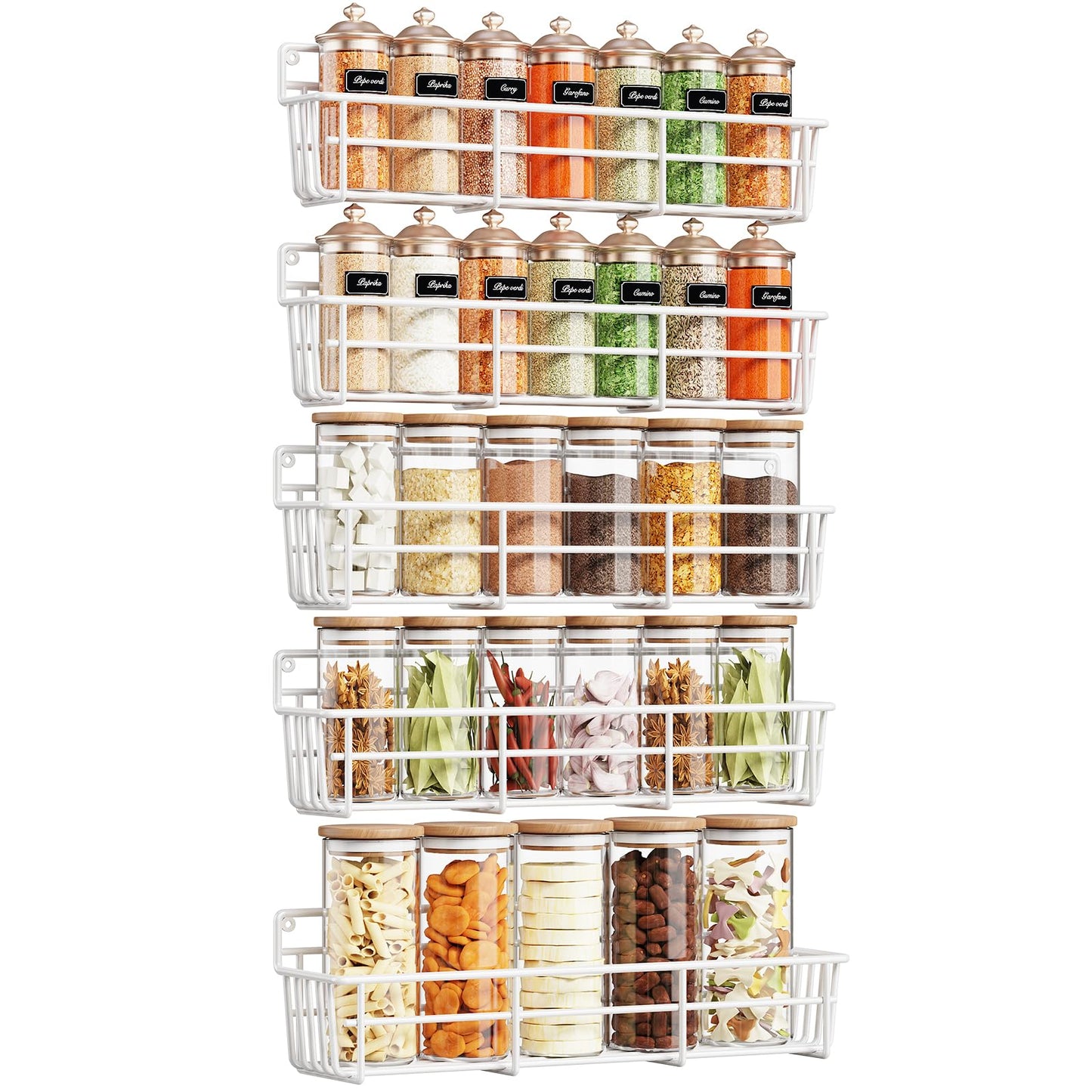 5 Pack Spice Rack Seasoning Organizer Wall Mount, Screw or Adhesive Hanging Shelf Basket Spice Organizer Shelf for Kitchen, Black