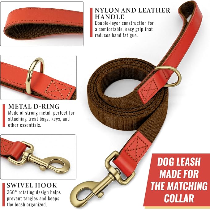 Dog Collar and Leash Set with Metal Quick Release Buckle, Adjustable, Breathable Nylon, Durable, Soft and Comfortable, No Pull for Walking and Training, Brown, L (14.9"-22.8")