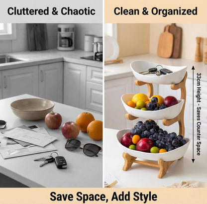 TOSCARA Bamboo Fruit Stand - 3 Tier Ceramic Fruit Bowls with Wooden Stand – Fruit Holder for Kitchen, Dining Table & Living Room – Decorative Countertop Organizer for Fruits, Vegetables & Snacks