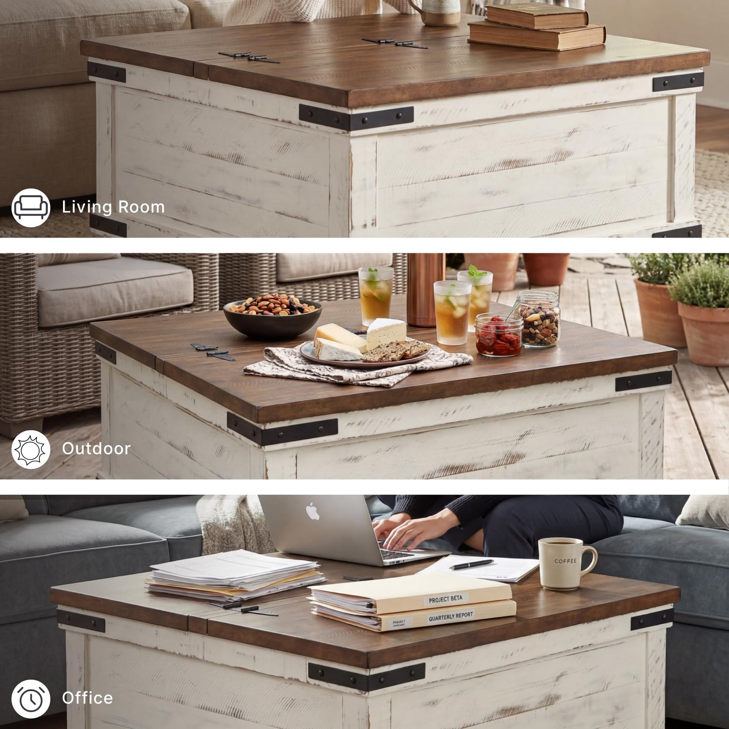 Signature Design by Ashley Wystfield Farmhouse Coffee Table with Storage, Hinged Lift Top, Wood, 36" W x 36" D x 18" H, Distressed White