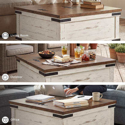 Signature Design by Ashley Wystfield Farmhouse Coffee Table with Storage, Hinged Lift Top, Wood, 36" W x 36" D x 18" H, Distressed White